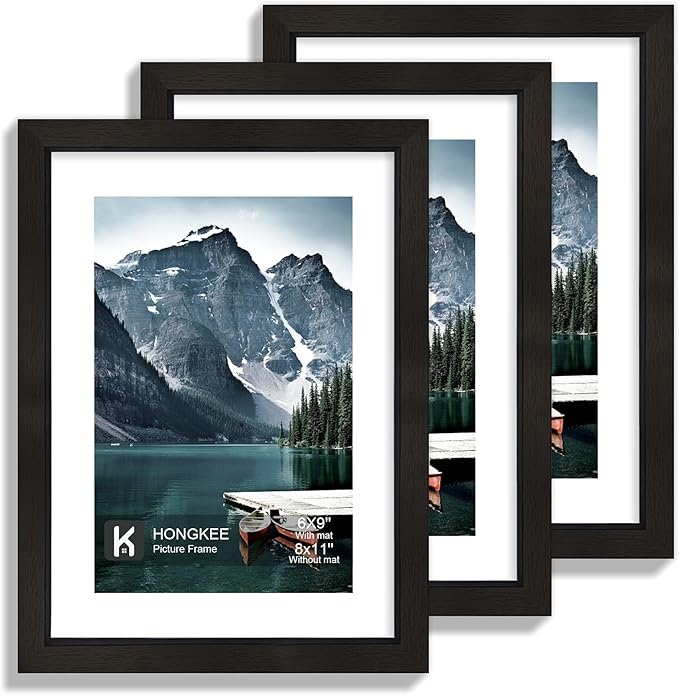 8x11 Picture Frame with Real Glass - Display Pictures 6x9 with Mat or 8 x 11 without Mat, Photo Frame for Wall or Table Top Display(Black, 3 Pack)