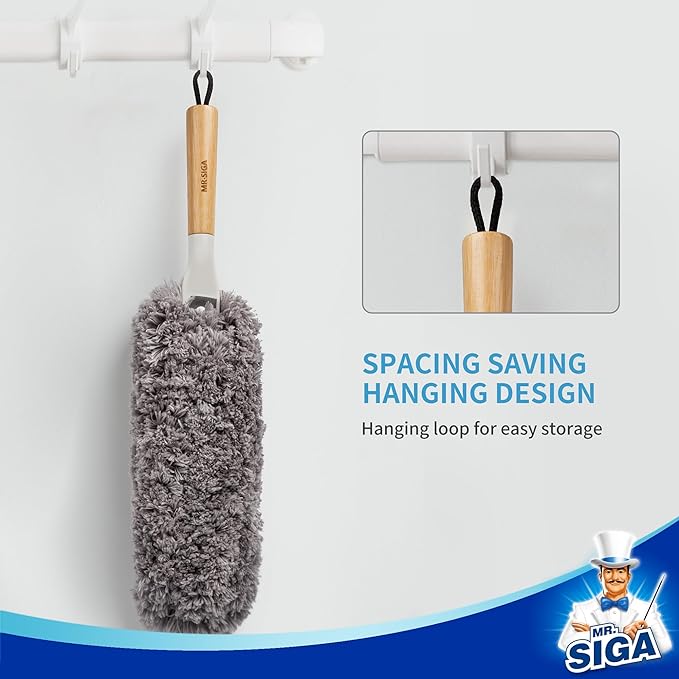 MR.SIGA Lint Free Microfiber Duster, Washable and Reusable Duster with Bamboo Handle and Replaceable Head, Duster for Household Cleaning