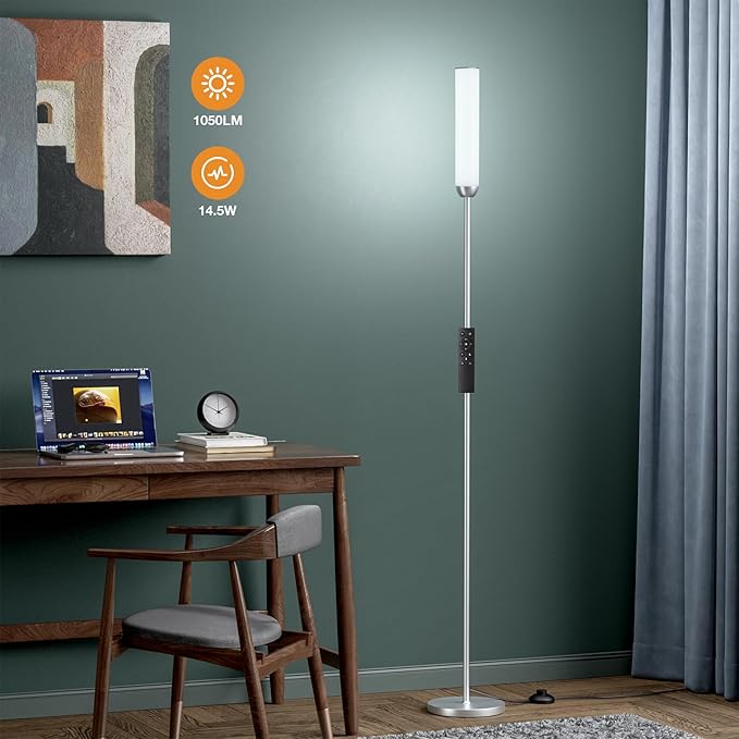 LED Floor Lamp with Remote Control, 65" Standing lamp with Stepless Adjustable 3000K-6500K Colors & 5%-100% Brightness, Foot Switch(Silver)