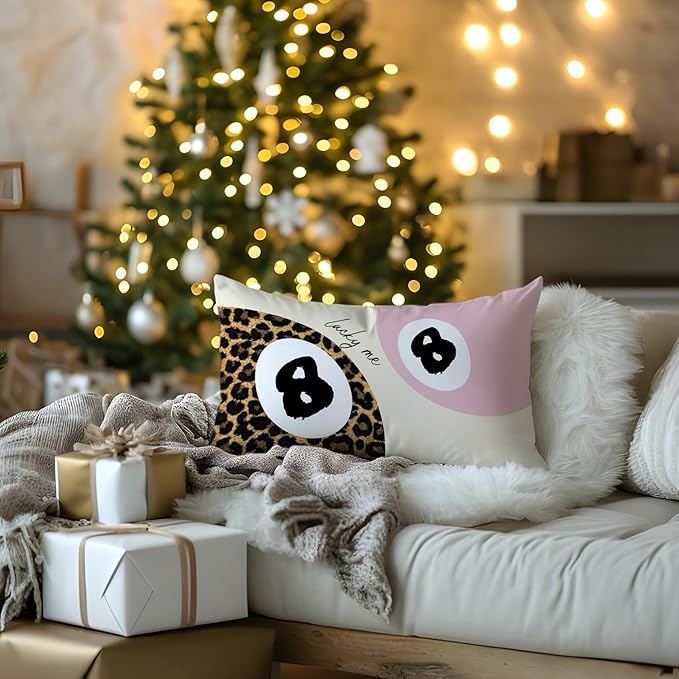 Trendy Leopard Lucky 8 Ball Pillow Covers 20x12, Cheetah Leopard Print Room Decor, Funky Preppy Leopard and Black Billiards Decorative Throw Pillow Covers for Girls Dorm Apartment,Set of 2