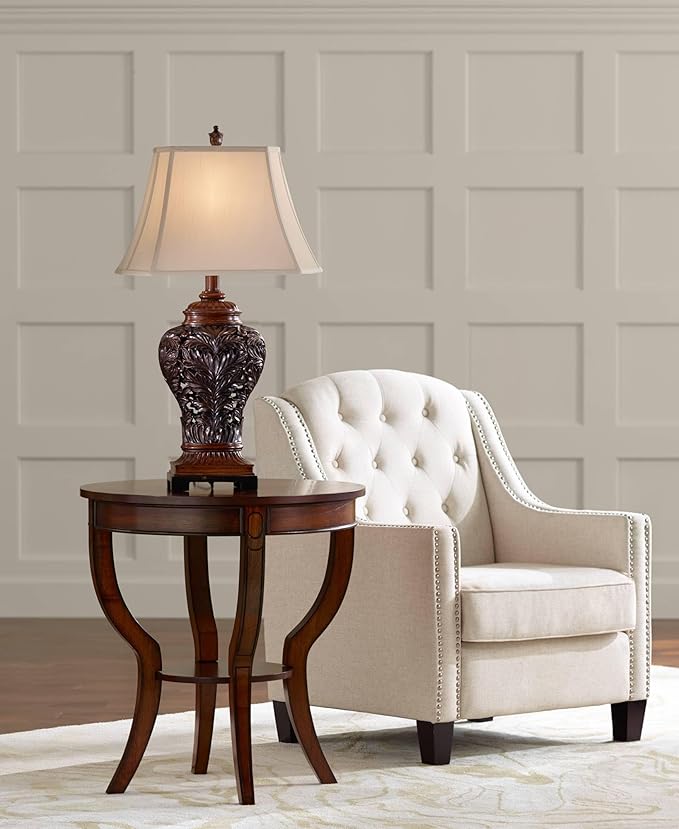 Barnes and Ivy Leafwork Vase 32 1/2" Tall Large Traditional End Table Lamp Brown Wood Finish Single Tan Rectangular Shade Living Room Bedroom Bedside Nightstand House Office Home Reading Kitchen