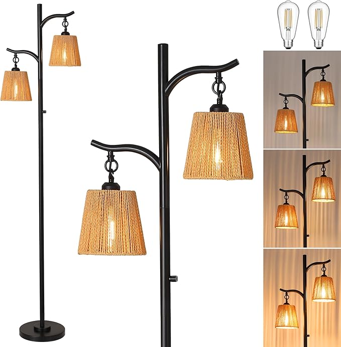 9MMML Rattan Floor Lamp for Living Room, Boho Floor Lamp with 2 Hanging Wicker Lamp Shade, 67'' Farmhouse Dimmable Black Standing Lamp with Rotary Switch for Bedroom, 2 x 800LM LED Bulbs Included