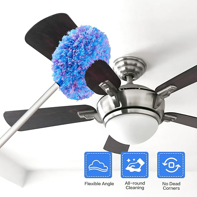 Ceiling Fan Cleaner Duster Reusable Microfiber Ceiling Fan Blade Cleaner Removable Duster with Extension Pole Adjusts 13 to 49.7 Inch for Cleaning Walls Furniture Door Window Top (Blue Pink)