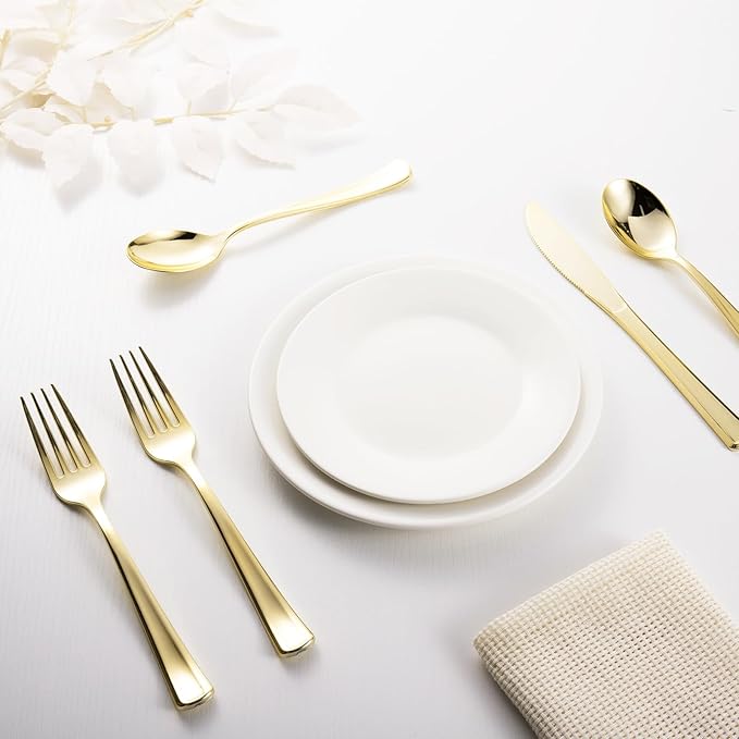 144 Pack Gold Premium Plastic Cutlery Disposable Silverware Set - 48 Forks, 48 Knives, 48 Spoons - For Catering, Parties, Dinners, Weddings, and Everyday Use, Plastic box packaging