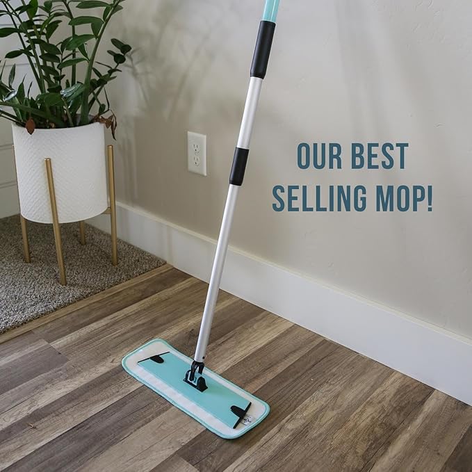 Don Aslett's 12" Mop with 2 Reusable Microfiber Pads (Aqua) Bathroom or Kitchen | 360° Rotating Head | Machine Washable | Extending Pole