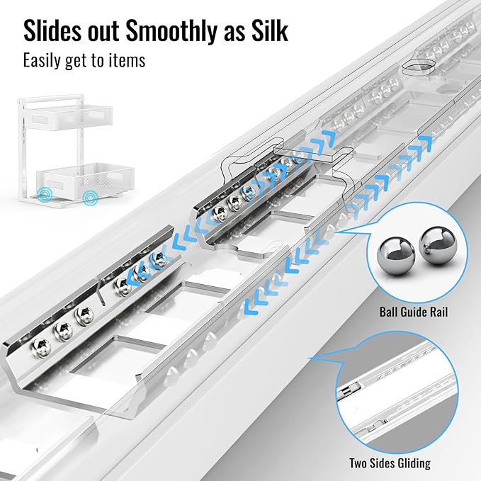 Full Metal Under Sink Organizer, Pull Out Cabinet Organizers and Storage, Silk-Smooth Sliding Drawer for Kitchen, Bathroom, Pantry, Cabinet, Closet (White, 2 Pack)