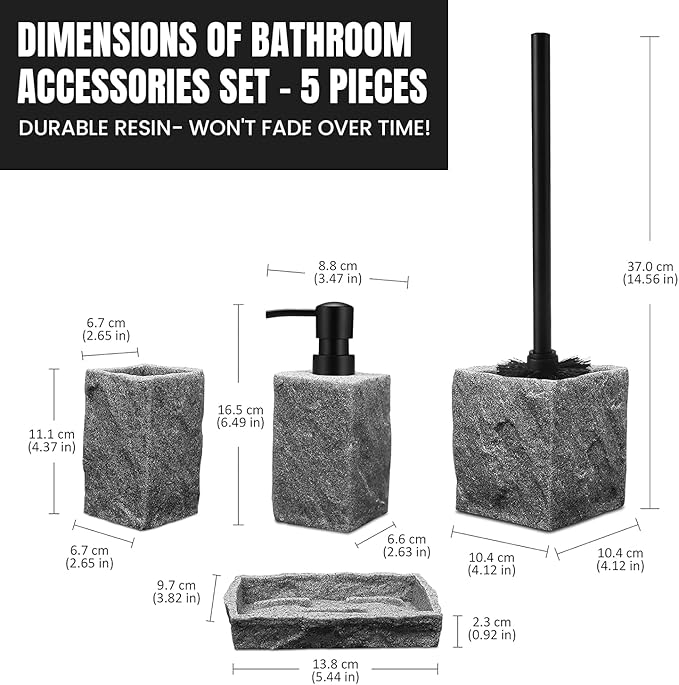 Bathroom Accessories Set - Soap Dispenser, Toothbrush Holder, Soap Dish, Toilet Brush & Toilet Brush Holder - Grey Stone Bathroom Accessories Set - Modern Bathroom Organizer Set (Black)