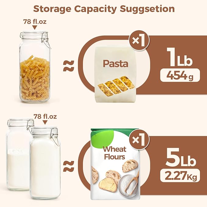 ComSaf Airtight Glass Jars with Lids 78oz Set of 3, Food Storage Canister Square - Storage Container with Clear Preserving Seal Wire Clip Fastening for Kitchen Canning Flour, Cereal, Pasta, Beans