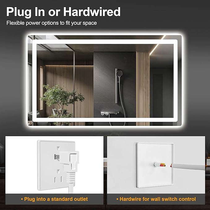 Led Mirror for Bathroom, 30x55 Bathroom Vanity Mirror for Wall with Light, IP54 Enhanced Anti-Fog, Dimmable 3 Colors, Memory Function, Backlit and Front Lit, Shatter-Proof Glass, Plug-in/Hardwired