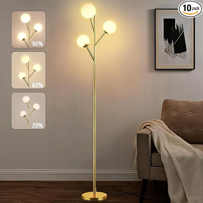 70in Gold 3-Globe Mid Century Dimmable Floor Lamp for Living Room G9 LED Bulbs Included,Modern Standing Lamp with Frosted Glass Shade for Bedroom,Studyroom Antique Brass Lighting(dimmer-Gold)