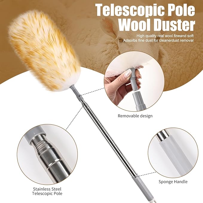Lambswool Duster 98 inch Retractable Stainless Steel Handle Soft Natural Wool Feather Dusters for Cleaning Office Home Car etc