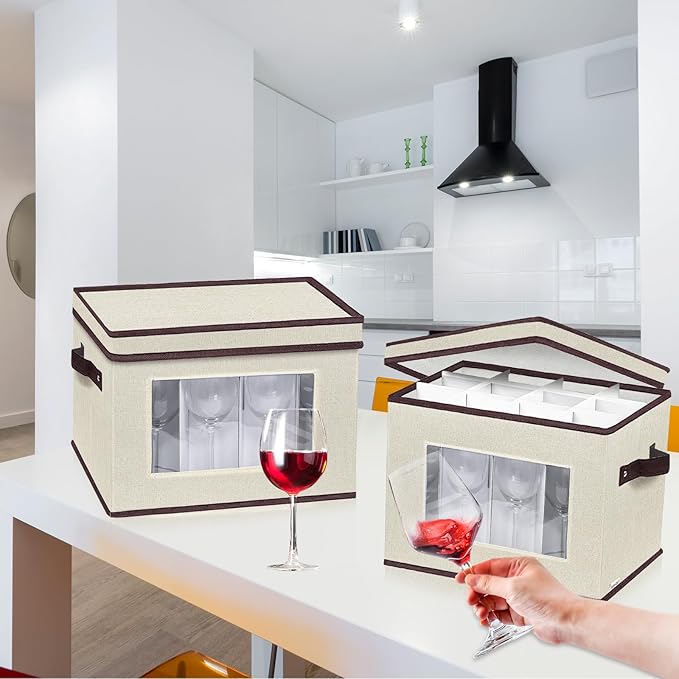 homyfort 2 Pack Wine Glass Storage Box with Dividers, Stemware Storage Case Organizer, China Crystal Glass Storage Containers for 24 Goblets (Beige)