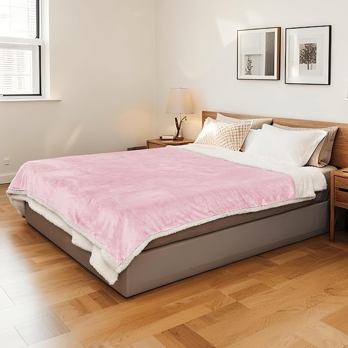 Electric Heated Blanket Full Size 72"x84" - Flannel & Sherpa Fabric Dual-Sided, 6 Heat Settings & 1-10 Hours Auto Off, Soft & Cozy Warming Throw for Home, Office, or Bed, Machine Washable, Light Pink