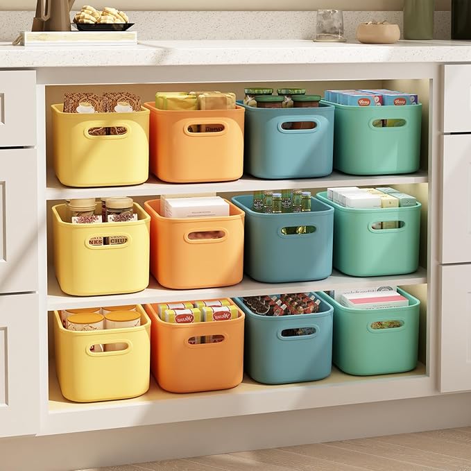 8 Pack Colorful Storage Bins for Shelves, Plastic Storage Containers for Organizing, Stackable Storage Boxes with Handle, Colored Storage Bins for Classroom, Craft, Snacks, Cabinet, 9.7x6.7x5.7 inch