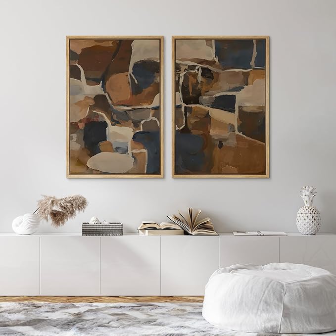 SIGNFORD Framed Canvas Print Wall Art Set Earthy Tones Abstract Layers Modern Brown and Blue Color Block Illustrations Modern Art Decorative for Living Room, Bedroom, Office - 24"x36"x2 Natural