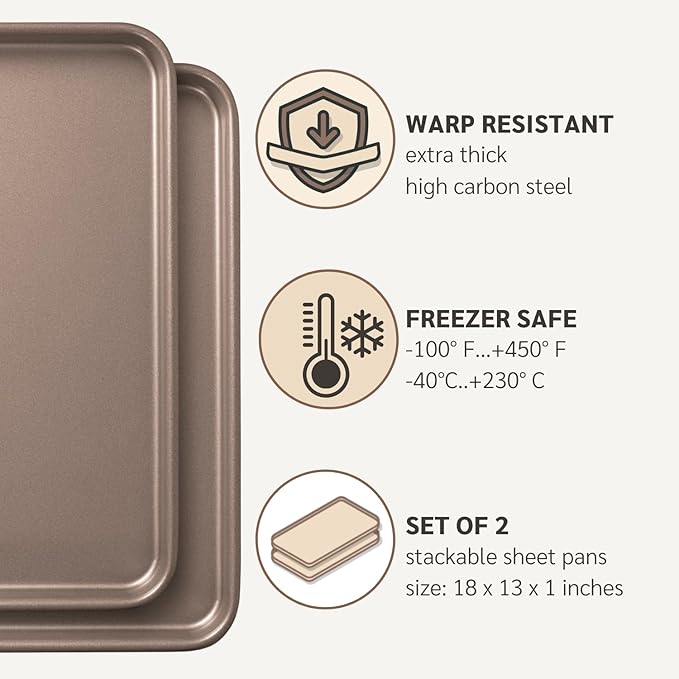 HAPPIELS Nonstick Non-Toxic 18-inch Half Baking Sheet 2-Pack | Premium Extra Thick Sheet Pan | Warp Resistant Large Cookie Sheet