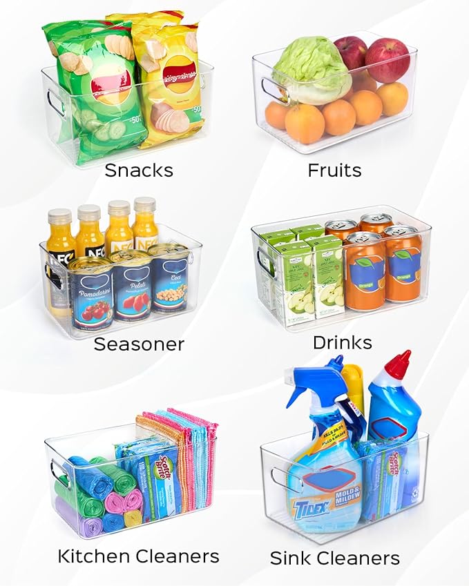 4 Pack Clear Plastic Storage Bins, 11" Large Pantry Organizer Bins with Handles, Plastic Containers for Refrigerator,BPA-Free Perfect for Kitchen,Fridge,Cabinet,Pantry,Bathroom,Closet Organization