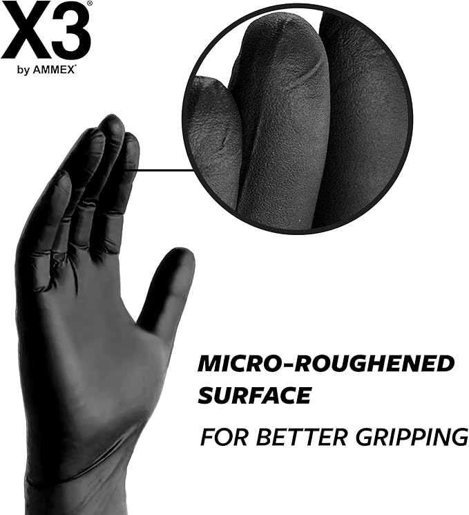 X3 Black Nitrile Disposable Industrial-Grade Gloves 3 Mil, Latex and Powder-Free, Food-Safe, Non-Sterile, Lightly-Textured