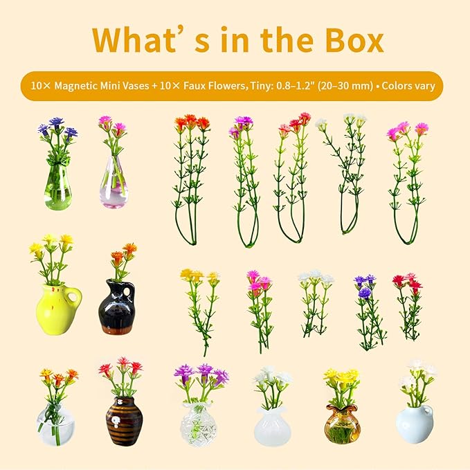 Magnetic Bud Vase Set – Mini Ceramic & Glass Vases with Strong Magnet for Fridge & Whiteboard – Decorative Small Flower Vases for Kitchen, Home or Office Décor for Women (Glass & Ceramic)