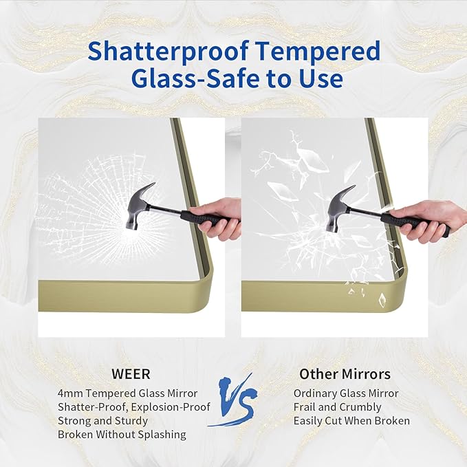 WEER Gold Bathroom Mirror, 36X30 Inch Brushed Gold Metal Frame Mirror, Rounded Rectangle Gold Bathroom Vanity Mirror for Wall, Tempered Glass, Anti-Rust, Hangs Horizontally or Vertically