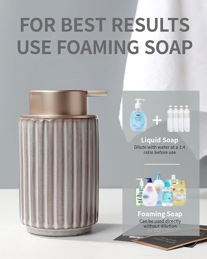 Foaming Soap Dispenser, Ceramic Refillable Foam Hand Soap Pump for Bathroom and Kitchen, Lotion Dispenser, Brown Foaming Dish Soap Dispenser, Modern Stripe Design, ANTIS'S HOME