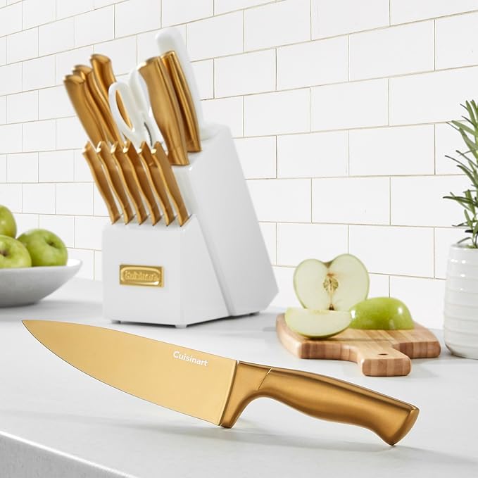 Cuisinart Professional Block Knife Set, 15pc Cutlery Knife Set with Steel Blades for Precise Cutting, Lightweight, Stainless Steel, Durable & Dishwasher Safe (White/Gold)