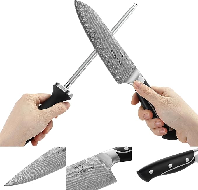 Damascus Kitchen Knife Sets, 9 Pieces Kitchen Knives Set with Block, ABS Ergonomic Handle for Chef Knife Set, Knife Sharpener and Kitchen Shears, Knife Block Set NF-D0603T-B