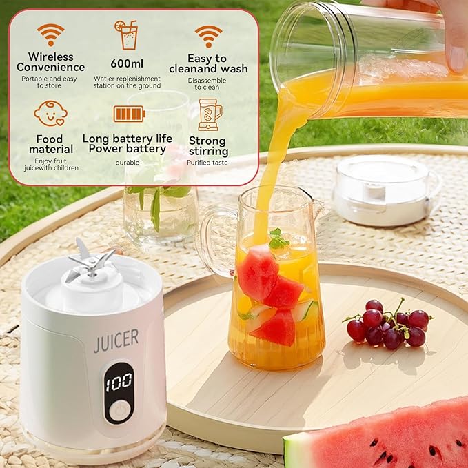 Portable Personal Electric USB Juicer,600ML Mini Blender Portable Blender For Shakes and Smoothies juice,12 Blades Great for Mixing,Compact、Convenient and Versatile (white)