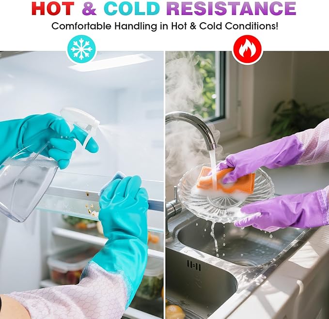 Elgood Reusable Long Sleeve Dishwashing Cleaning Gloves with Latex Free,Cotton Lining,Kitchen Gloves 2 Pairs,Purple+Blue M