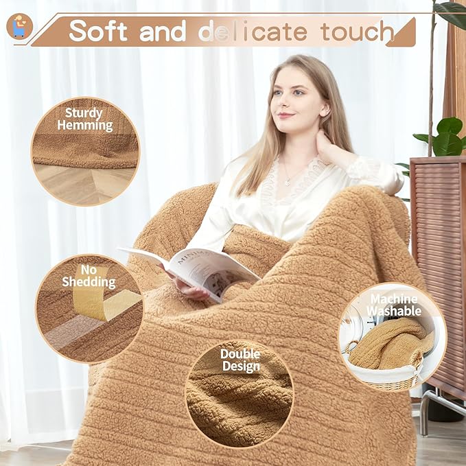 Heated Throw Blanket Double Sided Sherpa, Soft Heating Electric Blanket for Bed, Automatic Safety System, 6 Heating Levels & 4 Hours Auto-Off, 50"x60" Camel