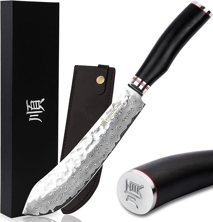 YOUSUNLONG Breaking Knife Bull Nose Butcher Knife 8" Japanese 67 Layers Hammered Damascus Steel with Natural Leadwood Handle