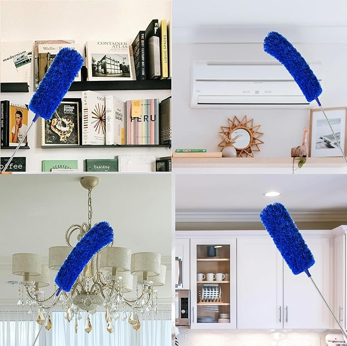 Cobweb Duster with Extension Pole, Cobweb Brush and Ceiling Fan Duster Kit for Cleaning, 15-100Inch Long High Rigidity Handle Aluminum Telescoping Pole, Washable(Blue)