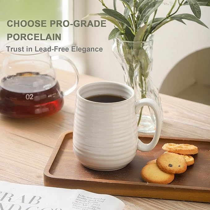 Hasense Coffee Mugs, 12 Ounce Ceramic Coffee Cups Set of 4, Latte Mug with Handle for Milk, Cocoa, Cappuccino, Tea Cup for Wedding Gift, Dishwasher Microwave Safe, Clay-Infused White