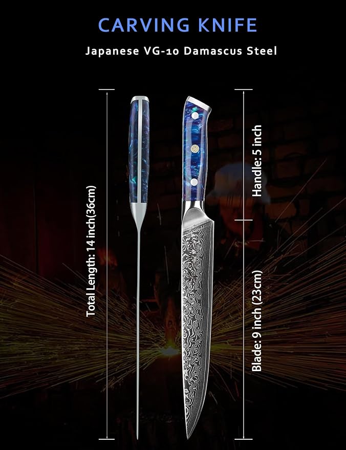 Carving Knife - 9 inch Kitchen Meat Cutting Slicing Knife- Xuan Series - VG10 Damascus Steel with Resin Handle (Sapphire Blue)