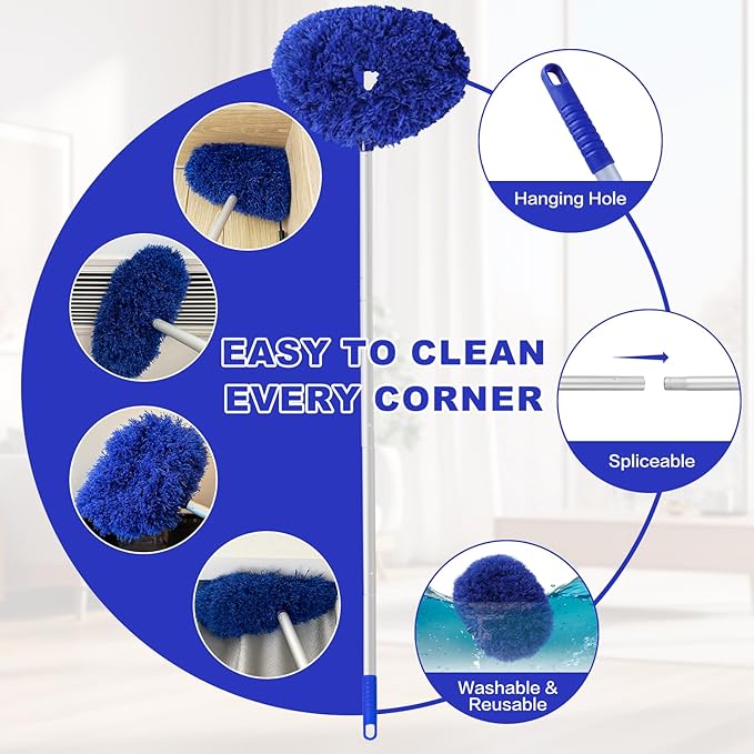 Ceiling Fan Cleaner Duster Reusable Microfiber Ceiling Fan Blade Cleaner Removable Duster with Extension Pole Adjusts 13 to 49.7 Inch for Cleaning Walls Furniture Door Window Top (Dark Blue)