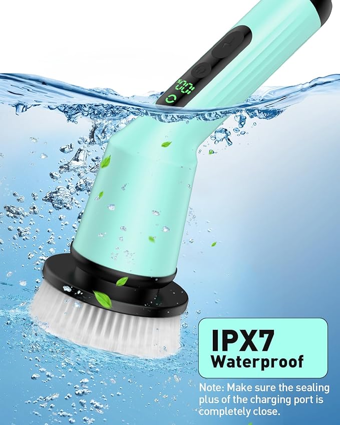 Electric Spin Scrubber for Cleaning Bathroom, Shower Scrubber Cordless Cleaning Brush with IPX7 Waterproof & 2 Speed, 3 Brush Heads, Bathroom Cleaning Supplies for Toilet Shower Tub Mint Green