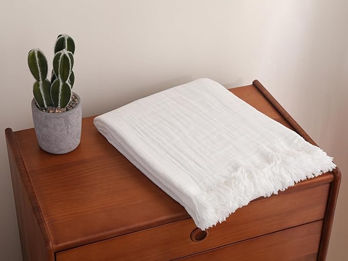 100% Cotton Muslin Throw Blanket for Bed, Couch, Small, Decorative, Soft, Pre-Washed, Breathable and Lightweight Gauze Blanket with Tassels, Suitable for All Seasons, Off-White, 50"x60"