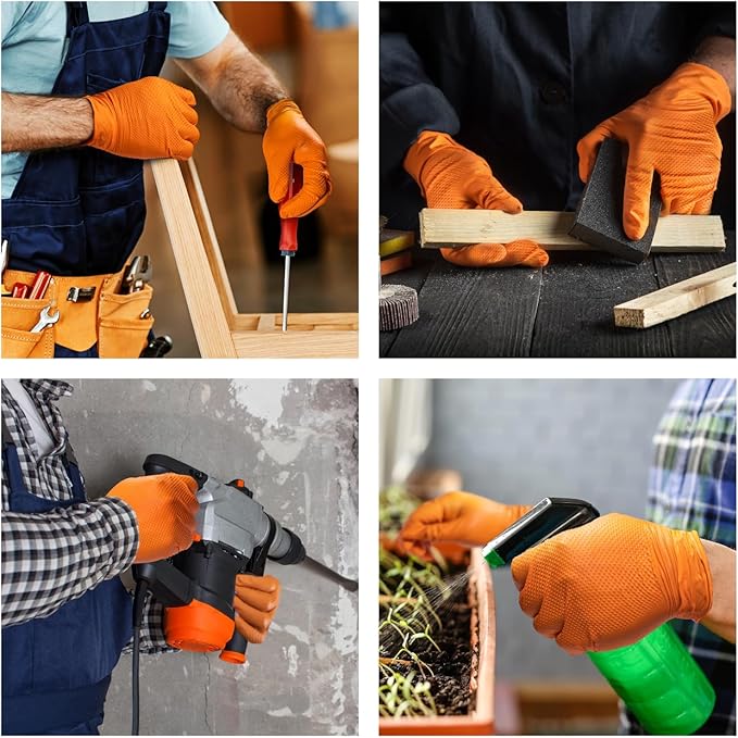 10 Mil Nitrile Disposable Gloves Heavy Duty Mechanic Gloves Raised Diamond Texture Thick (Orange of 1000, Large)