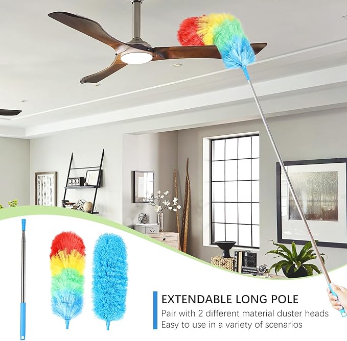 Rainbow Extendable Static Duster Reusable Microfiber Duster with 100" Telescoping Pole, Beandable and Washable Dusters Head for Cleaning Ceiling, Fan, Furniture