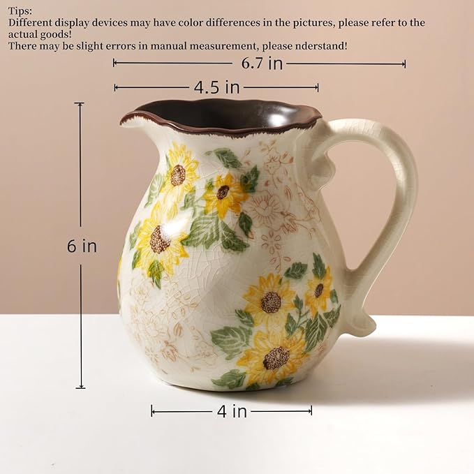 Levvohd Vintage Vase with Handle, 6 Inch Ceramic Pitcher Sunflower Floral Vases Decorative for Grandma Home Decor, Living Room Bookshelf Office Tuscan Decor (Small)