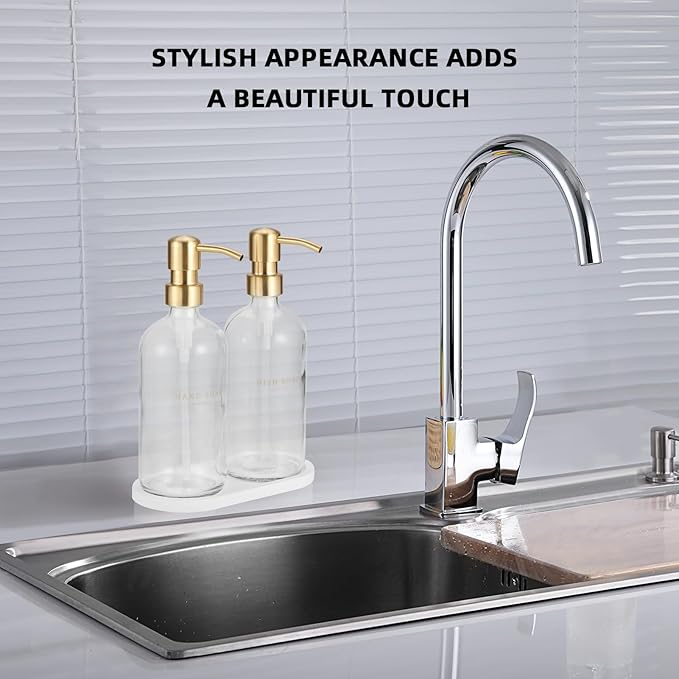 Glass Soap Dispenser - Dish Soap Dispenser for Kitchen, Hand Soap Dispenser Set, Bathroom Soap Dispenser with 304 Rust Proof Pump, Soap Dispenser for Kitchen with Tray, Clear Bottle/Gold Pump