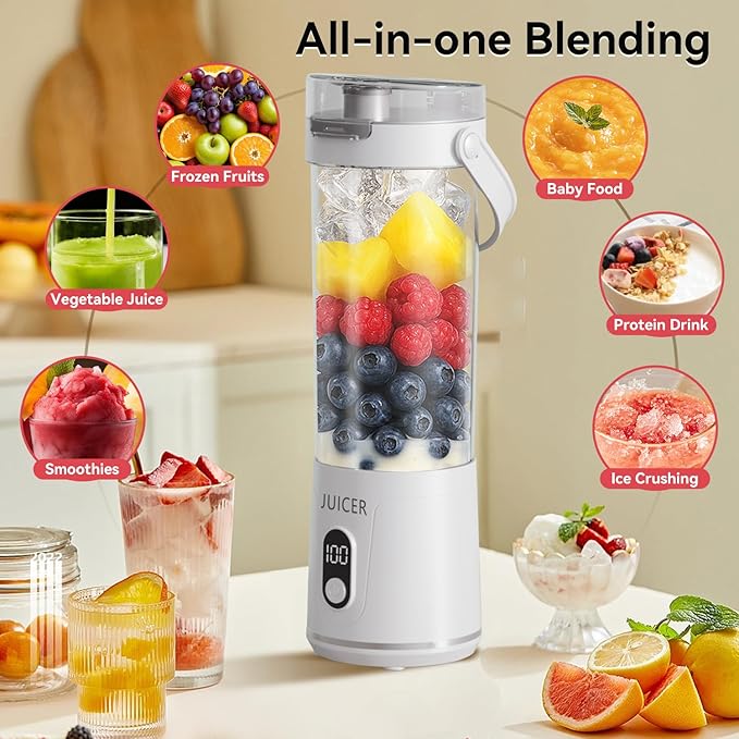 Portable Personal Electric USB Juicer,600ML Mini Blender Portable Blender For Shakes and Smoothies juice,12 Blades Great for Mixing,Compact、Convenient and Versatile (white)