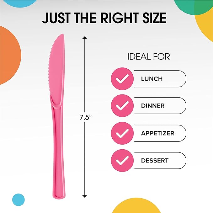 Party Solids Hot Pink Plastic Knives 200 Pcs Hot Pink Knives Disposable Utensils Heavy Duty Plastic Cutlery Set Disposable Cutlery Sets Flatware Sets Silverware Set Party Supplies & Party Tableware