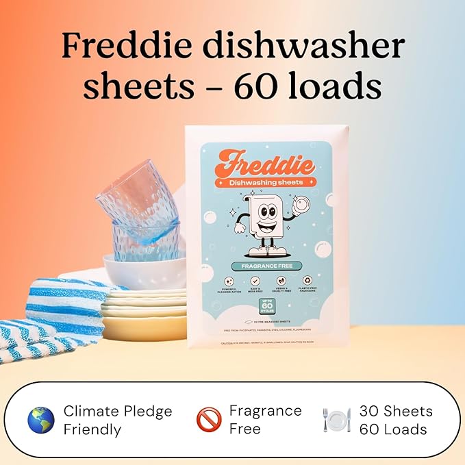 Freddie Dishwasher Sheets Fragrance Free - Space-Saving Alternative to Liquid Detergent - 360 Loads (6 Pack) Concentrated Plastic Jug Free Strips