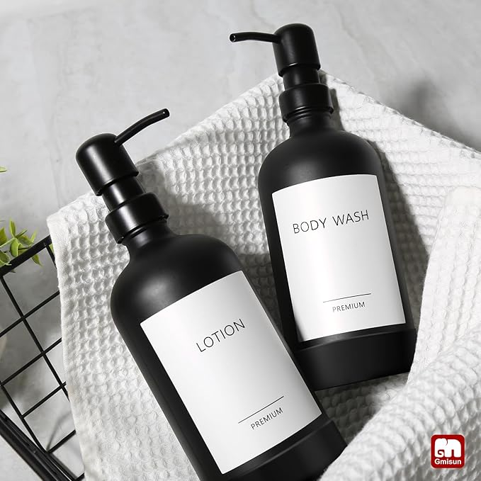 GMISUN Black Soap Dispenser with Silicone Sleeve Boot, 2 Pack Glass Bathroom Hand Soap Dispensers with Stainless Steel Pump, 17 Fl Oz Kitchen Hand and Dish Soap Dispenser Set, Liquid Dispensers Bottle