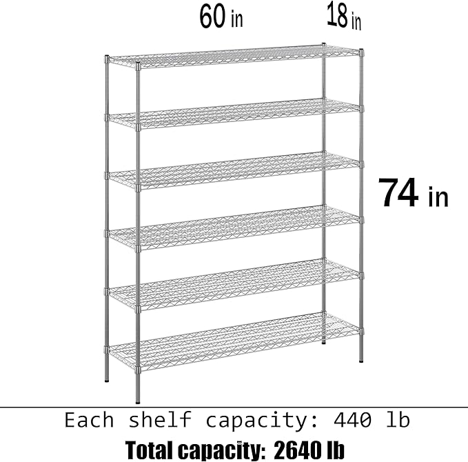 18" Deep x 60" Wide x 74" Height Wire Shelving Kit | 6-Tier | NSF Commercial Storage Rack Unit