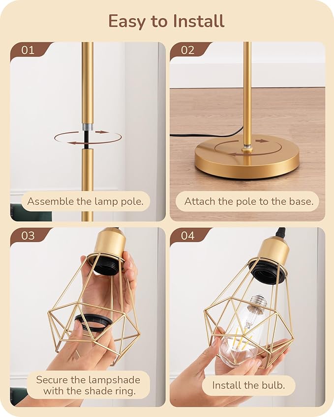 EDISHINE 70'' Dimmable Industrial Floor Lamp, Farmhouse Standing Lamps Diamond-Shaped Lampshade, 3 LED Edison Bulbs Included, Farmhouse Rustic Floor Lamps for Living Room, Bedroom, Office, Gold