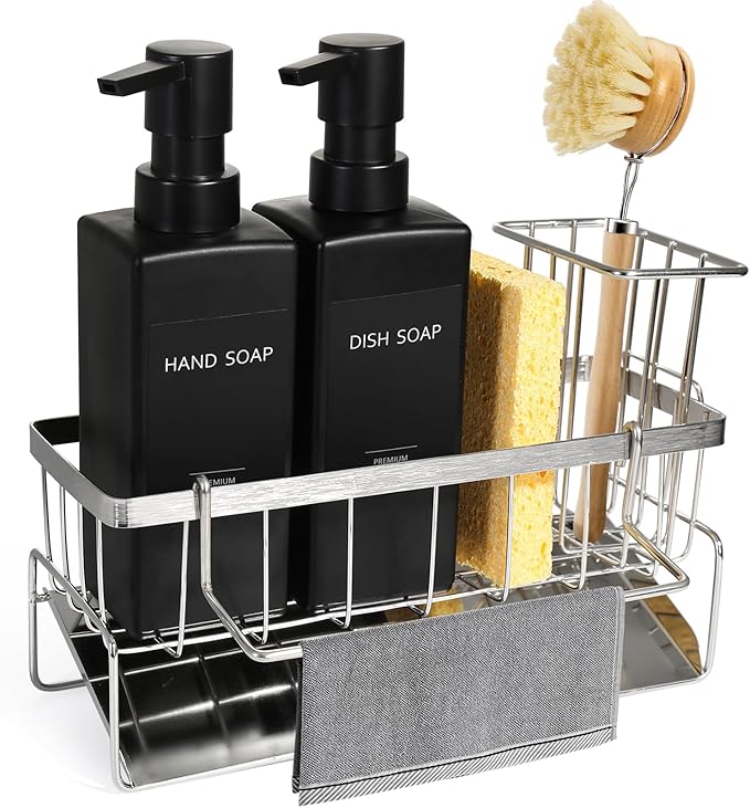 GMISUN Dish Soap Dispenser for Kitchen, 12 fl oz Matte Black Kitchen Soap Dispenser with Silver Sponge Holder, Customized Removable Soap Dispensers Set, Modern Hand and Dish Soap Dispensers Set