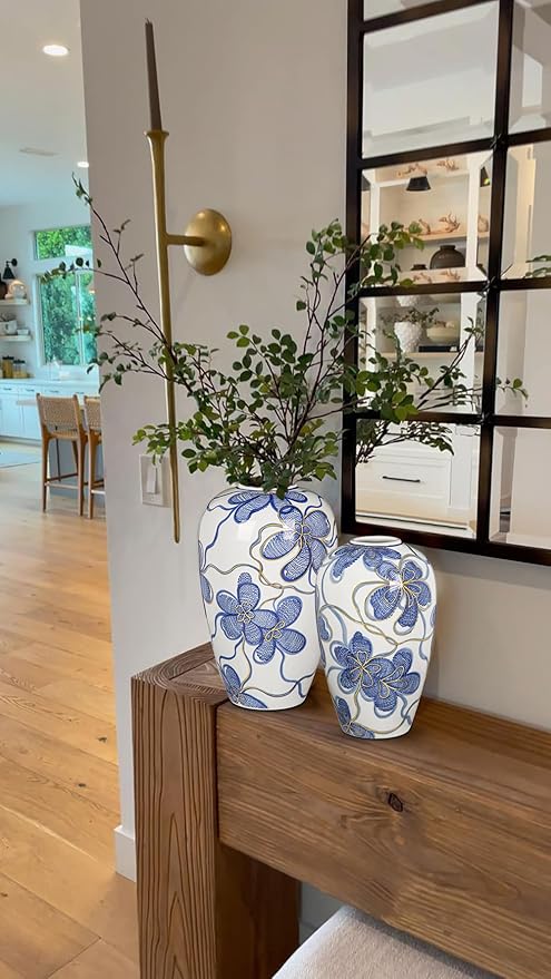 Blue and White Ceramic Vase for Home Decor – Hand-Painted Porcelain Flower Vase with Gold Accents – Chinoiserie-Inspired Home Decor Vases – 9" for Table, Shelf, or Mantel