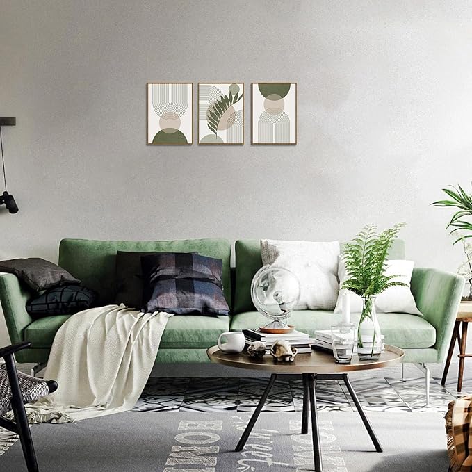 Bwodke Boho Wall Art, Framed Abstract Wall Art, Sage Green Canvas Wall Decor, Mid Century Line Leaf Geometric Pictures Set of 3, Minimalist Paintings, for Bedroom Living Room Bathroom 12"x16"